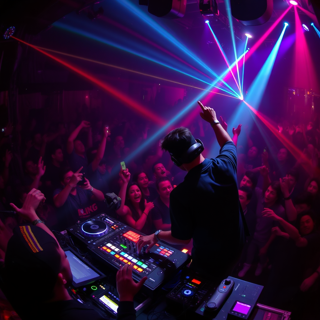 A breathtaking music festival scene at twilight, with a DJ performing before a massive crowd under a canopy of vibrant lights. Capture the energy, the passion, and the unforgettable moments.