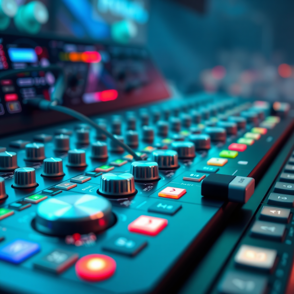 Create a close-up, photorealistic image of a sound engineer working at a mixing console. The image should focus on the engineer's hands and the console's controls. The lighting should be soft and focused, highlighting the details of the console. Emphasize the engineer's concentration and expertise.