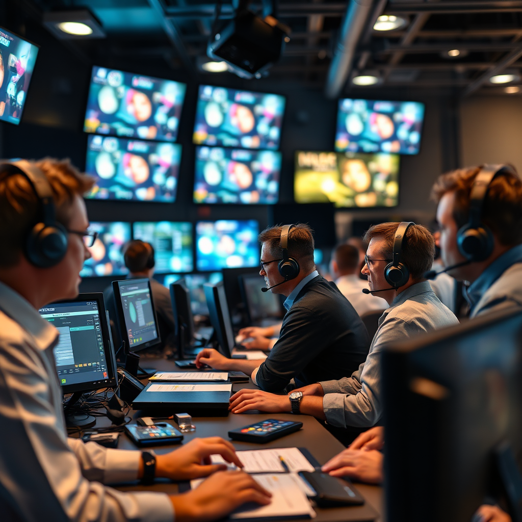 Create a photorealistic image of a bustling event control room. Show staff monitoring screens, communicating via headsets, and coordinating different aspects of the event. The room should be filled with equipment and monitors, but also organized and efficient. Focus on the intensity and focus of the staff.