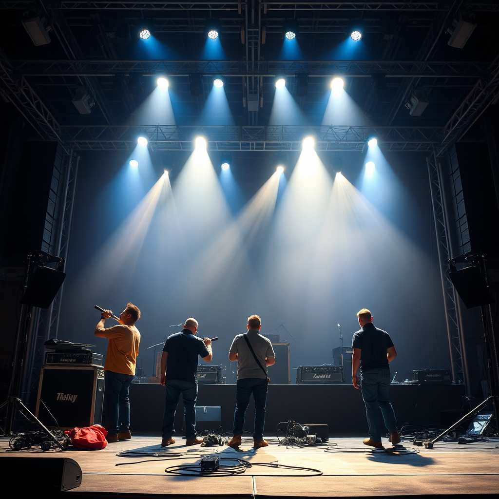 Create a photorealistic image of a stage being set up for a music event. The image should show a team of technicians working together to install sound and lighting equipment. The lighting should be bright and clear, and the camera angle should be wide, capturing the scale of the stage.