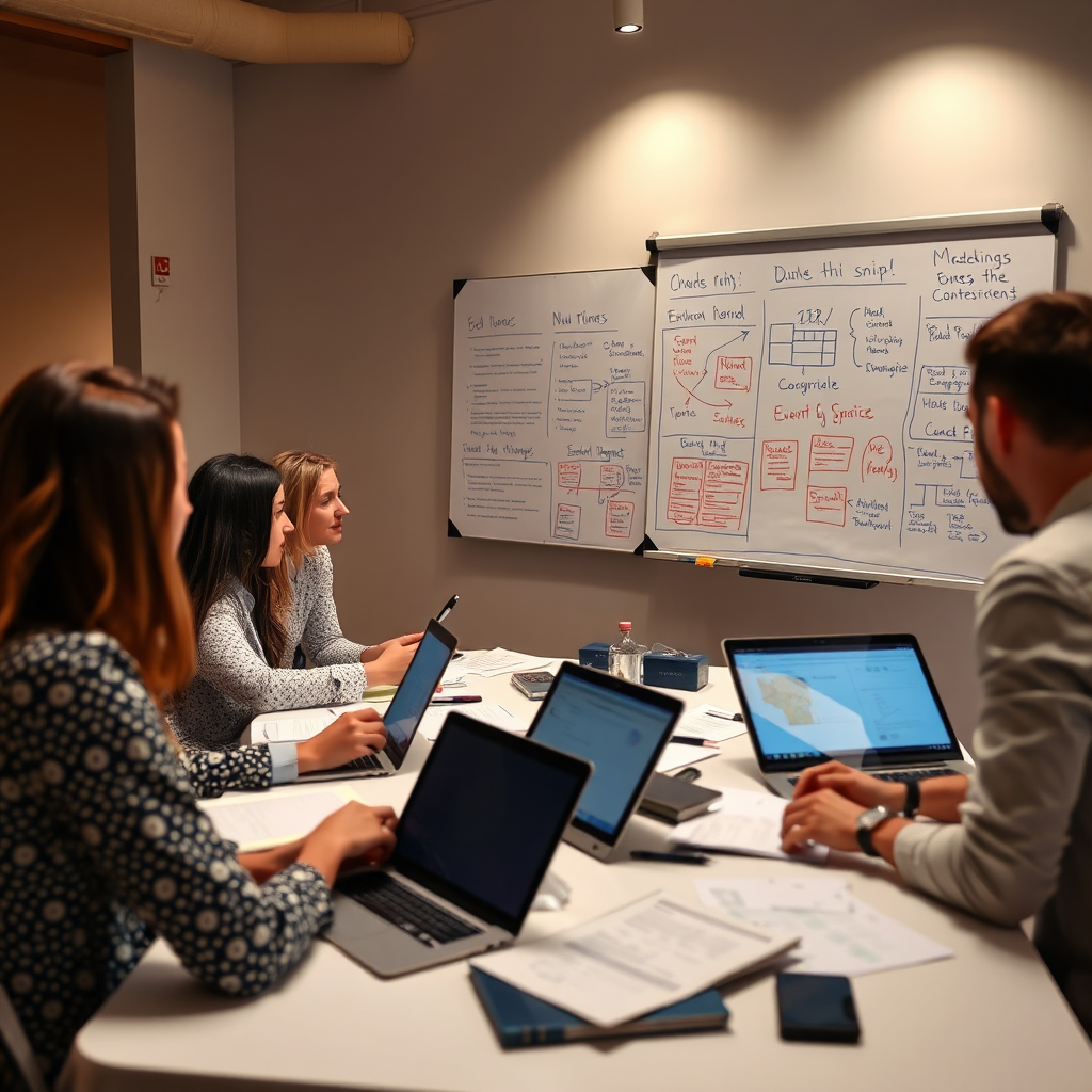 Create a photorealistic image of a well-organized event planning meeting. Show people around a table reviewing documents, laptops open, with a whiteboard covered in notes and diagrams. The atmosphere should be collaborative and focused. Good lighting and a clear view of the documents are important.