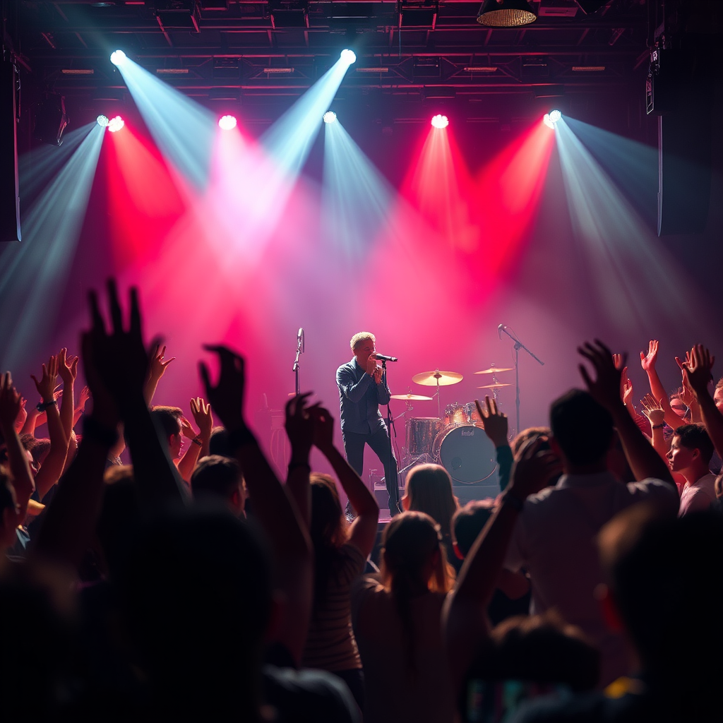 Create a photorealistic image of a live music performance. The image should show a band playing on stage, with the audience cheering and dancing. The lighting should be dramatic and colorful, and the camera angle should be dynamic, capturing the energy and excitement of the performance. Include elements of both the artistic (the band's performance) and the technical (the lighting and sound equipment).