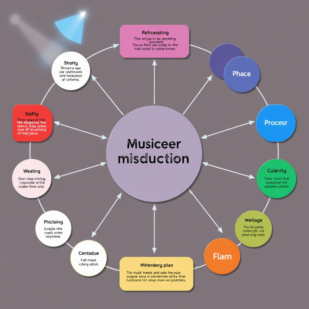 Create a stylized image of a flowchart illustrating the stages of music event production, beginning with the initial budget plan. The flowchart's central theme should be meticulous planning. Each phase of the flowchart will be distinct in color. Use a bird's-eye view to capture the entire process.