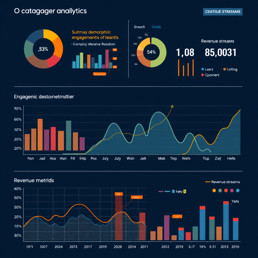 Create a stylized image of data visualization representing event analytics (attendee demographics, engagement metrics, revenue streams). The visualization should be dynamic and engaging, using charts, graphs, and heatmaps to illustrate key insights. The color palette should be modern and professional, with a focus on clarity and readability.